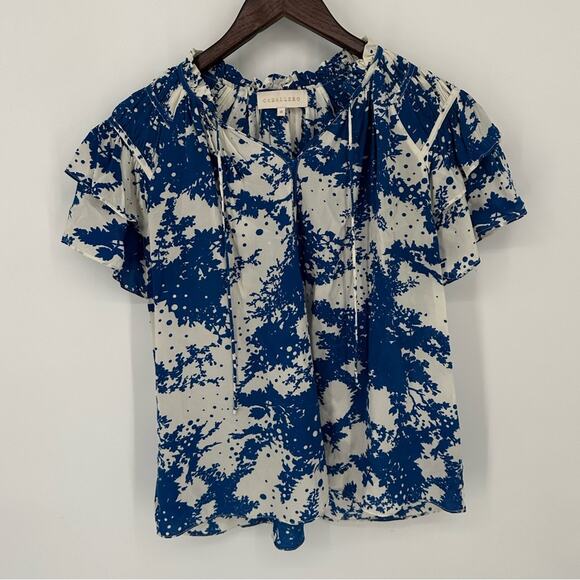 CABALLERO Kelsie Top Blue Savannah Shadows Printed Flutter Sleeve Blouse Medium - Picture 1 of 9